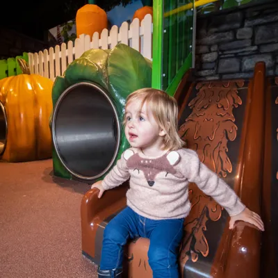 Toddle sliding down slide in Mr McGregor's Garden